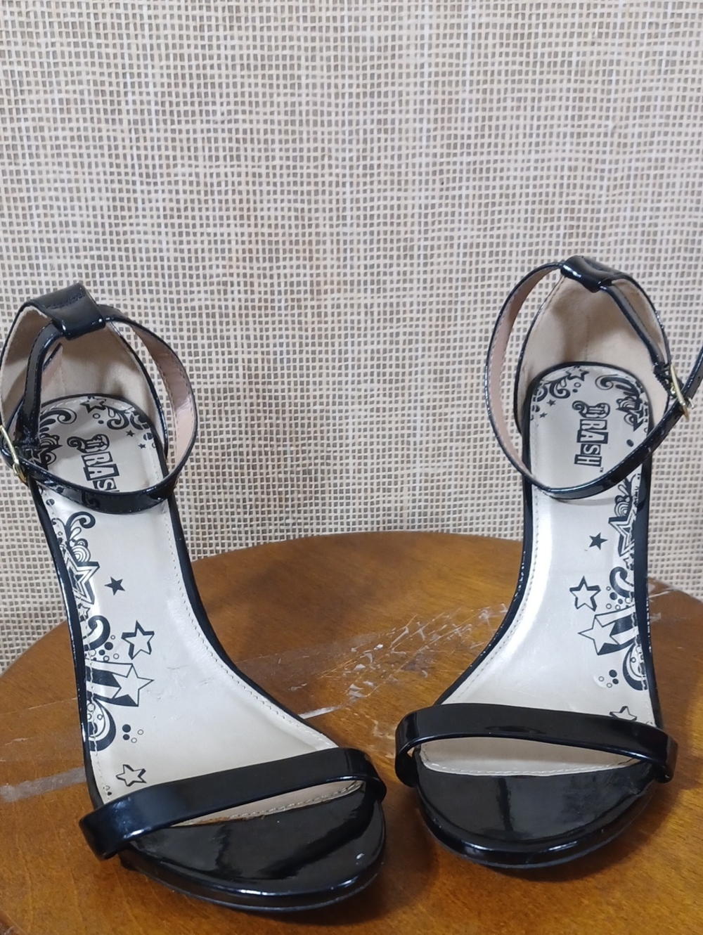 Brash Black Patent Ankle-Strap Heels